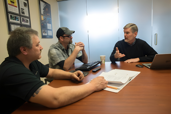 Business owner reviewing a marketing plan checklist